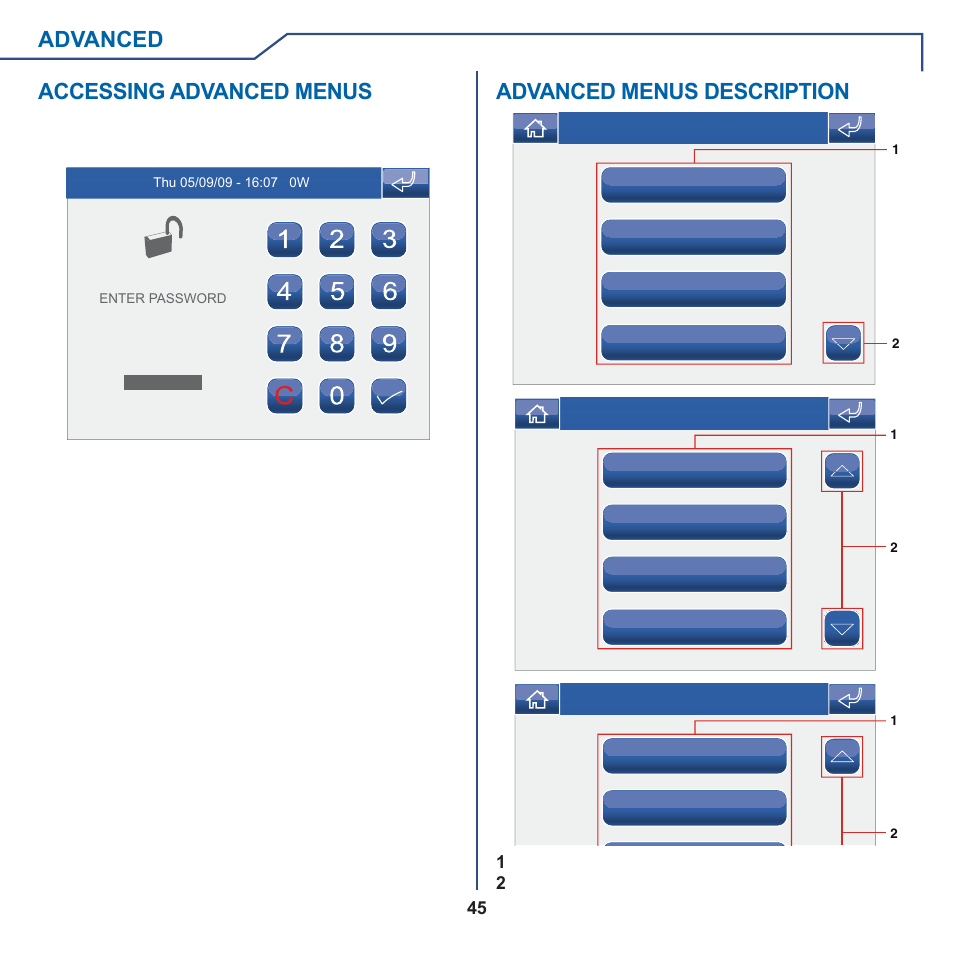 Advanced, Accessing advanced menus, Advanced menus description | Comelit MT 6101WM-6101BM User Manual | Page 45 / 116