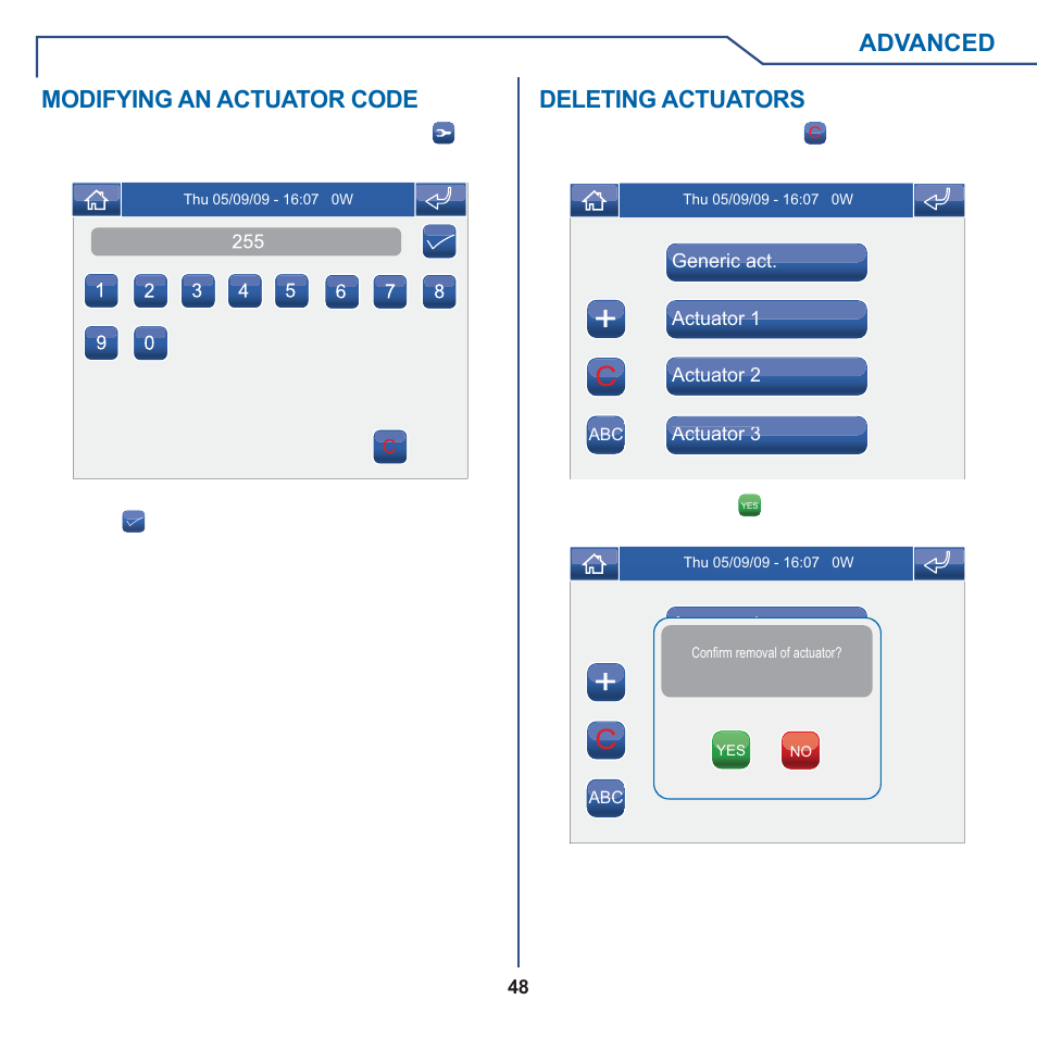 Advanced, Modifying an actuator code, Deleting actuators | Comelit MT 6101WM-6101BM User Manual | Page 48 / 116