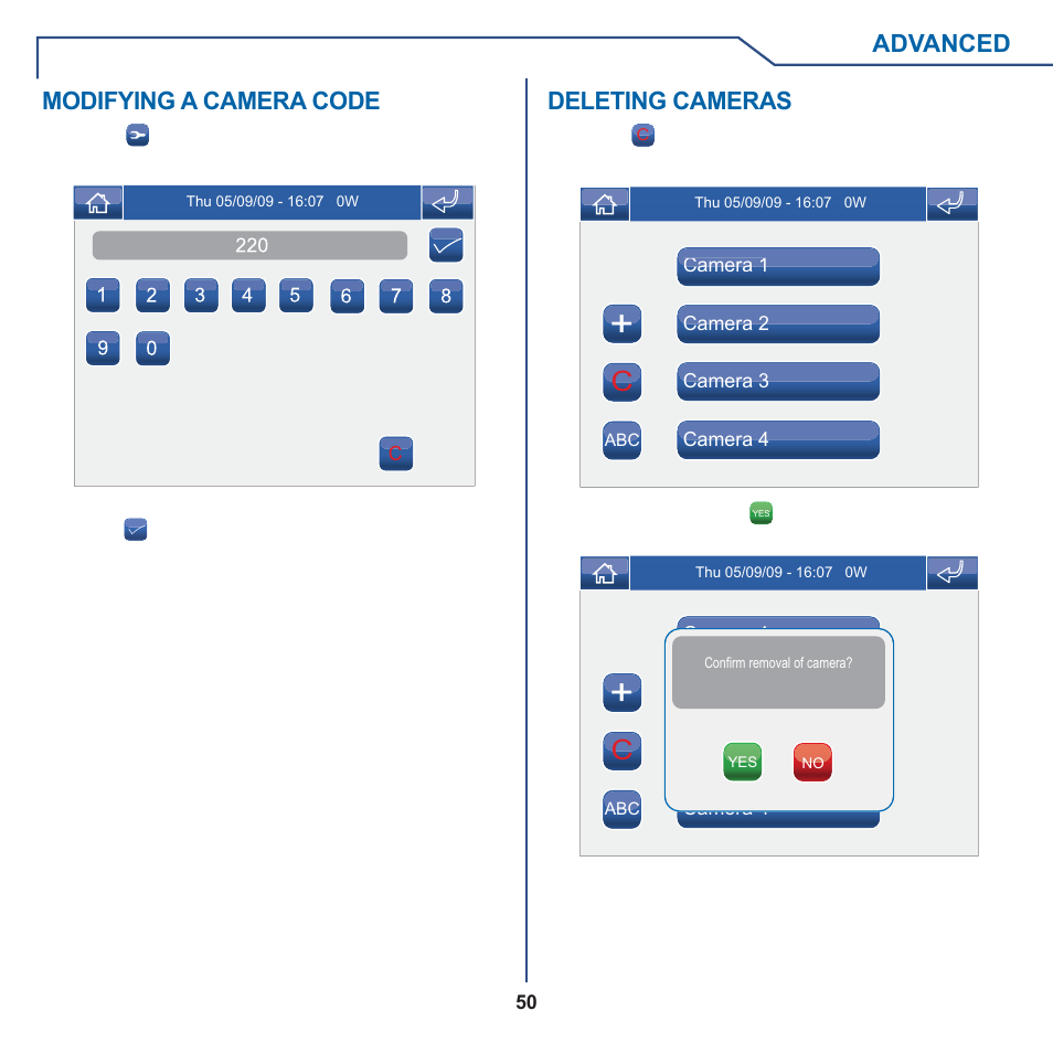 Advanced, Deleting cameras, Modifying a camera code | Comelit MT 6101WM-6101BM User Manual | Page 50 / 116