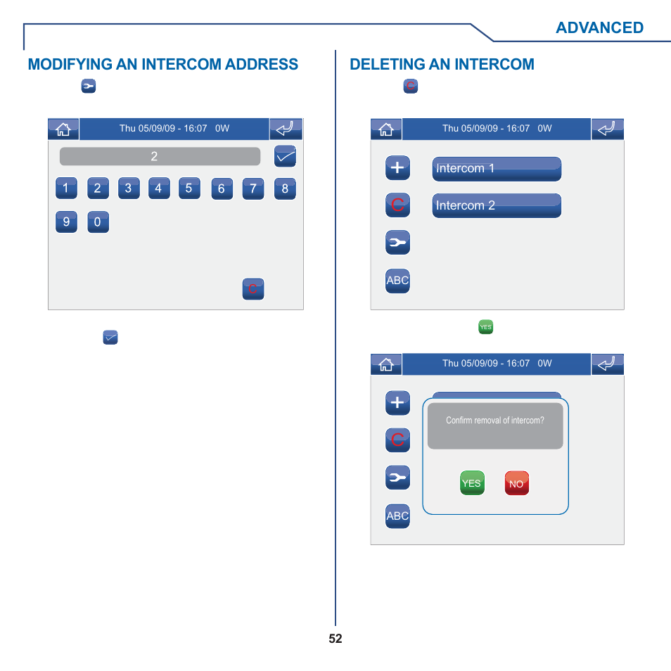 Advanced, Modifying an intercom address, Deleting an intercom | Comelit MT 6101WM-6101BM User Manual | Page 52 / 116