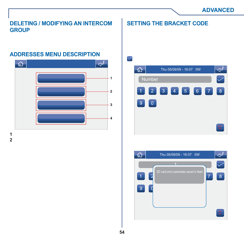 Advanced, Deleting / modifying an intercom group, Addresses menu description | Setting the bracket code | Comelit MT 6101WM-6101BM User Manual | Page 54 / 116