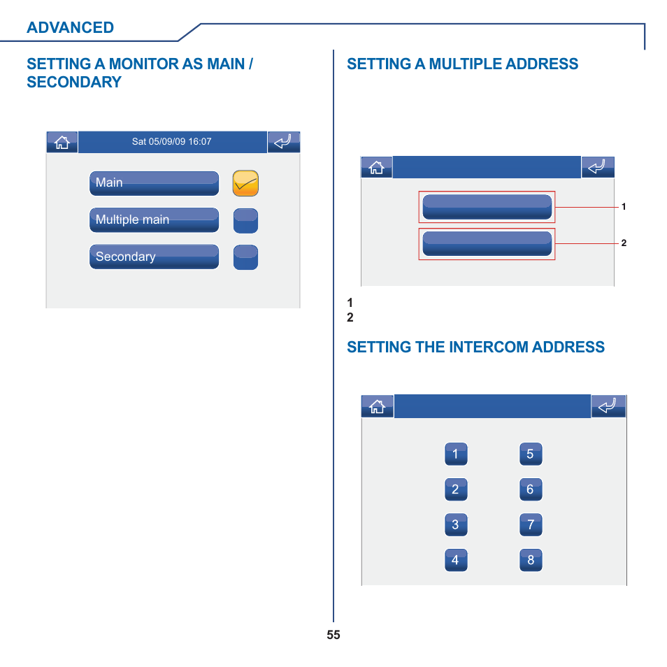 Advanced setting a monitor as main / secondary, Setting a multiple address, Setting the intercom address | Comelit MT 6101WM-6101BM User Manual | Page 55 / 116