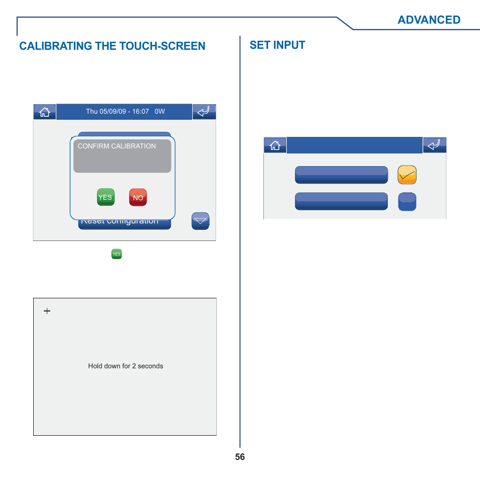 Advanced, Calibrating the touch-screen, Set input | Comelit MT 6101WM-6101BM User Manual | Page 56 / 116