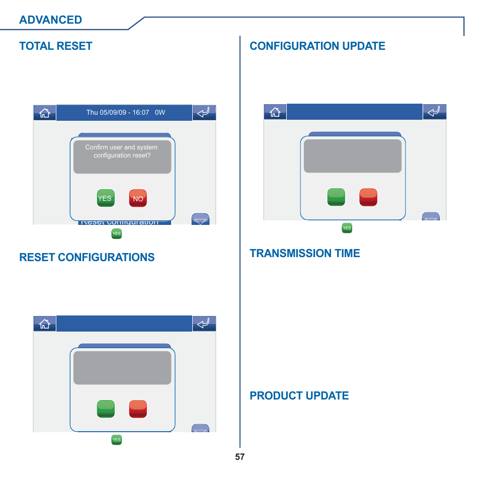 Advanced reset configurations, Product update, Total reset | Configuration update, Transmission time | Comelit MT 6101WM-6101BM User Manual | Page 57 / 116