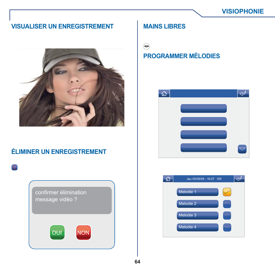 Visiophonie, Visualiser un enregistrement, Éliminer un enregistrement | Mains libres, Programmer mélodies | Comelit MT 6101WM-6101BM User Manual | Page 64 / 116