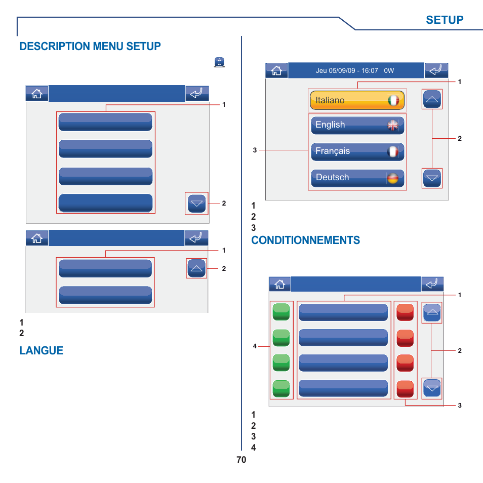 Setup, Description menu setup, Langue | Conditionnements | Comelit MT 6101WM-6101BM User Manual | Page 70 / 116