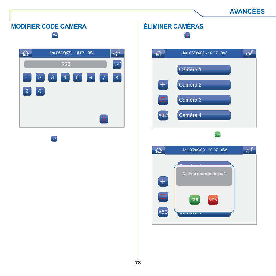 Avancées, Éliminer caméras, Modifier code caméra | Comelit MT 6101WM-6101BM User Manual | Page 78 / 116