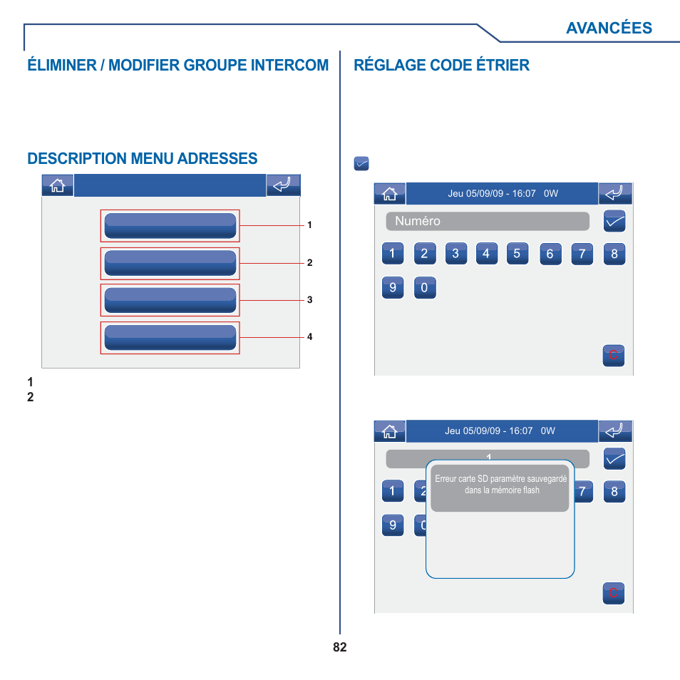 Avancées, Éliminer / modifier groupe intercom, Description menu adresses | Réglage code étrier | Comelit MT 6101WM-6101BM User Manual | Page 82 / 116