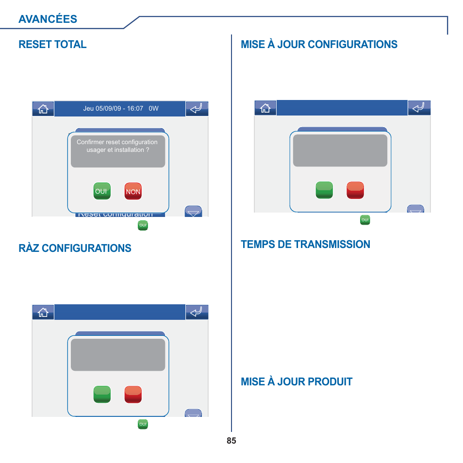Avancées ràz configurations, Mise à jour produit, Reset total | Mise à jour configurations, Temps de transmission | Comelit MT 6101WM-6101BM User Manual | Page 85 / 116
