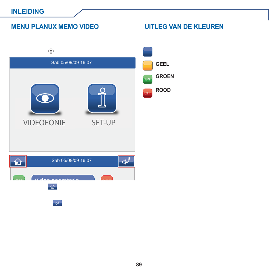 Videofonie set-up, Uitleg van de kleuren | Comelit MT 6101WM-6101BM User Manual | Page 89 / 116