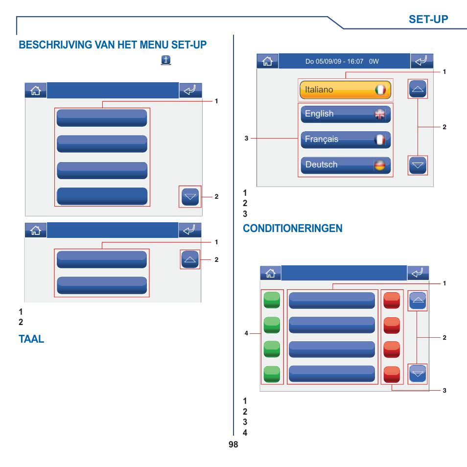 Set-up, Beschrijving van het menu set-up, Taal | Conditioneringen | Comelit MT 6101WM-6101BM User Manual | Page 98 / 116
