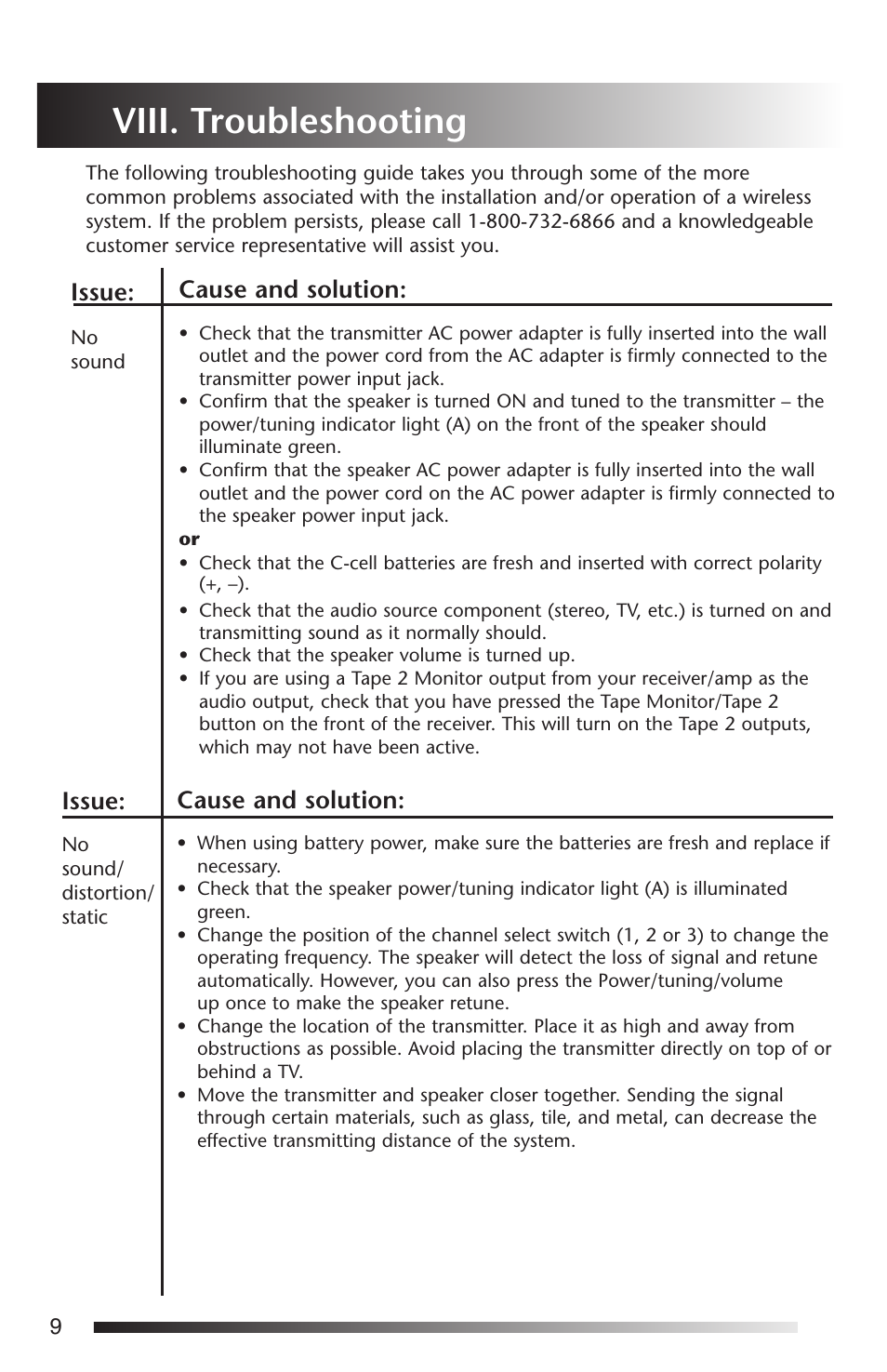 Viii. troubleshooting, Cause and solution, Issue | Acoustic Research AW-811 User Manual | Page 10 / 12