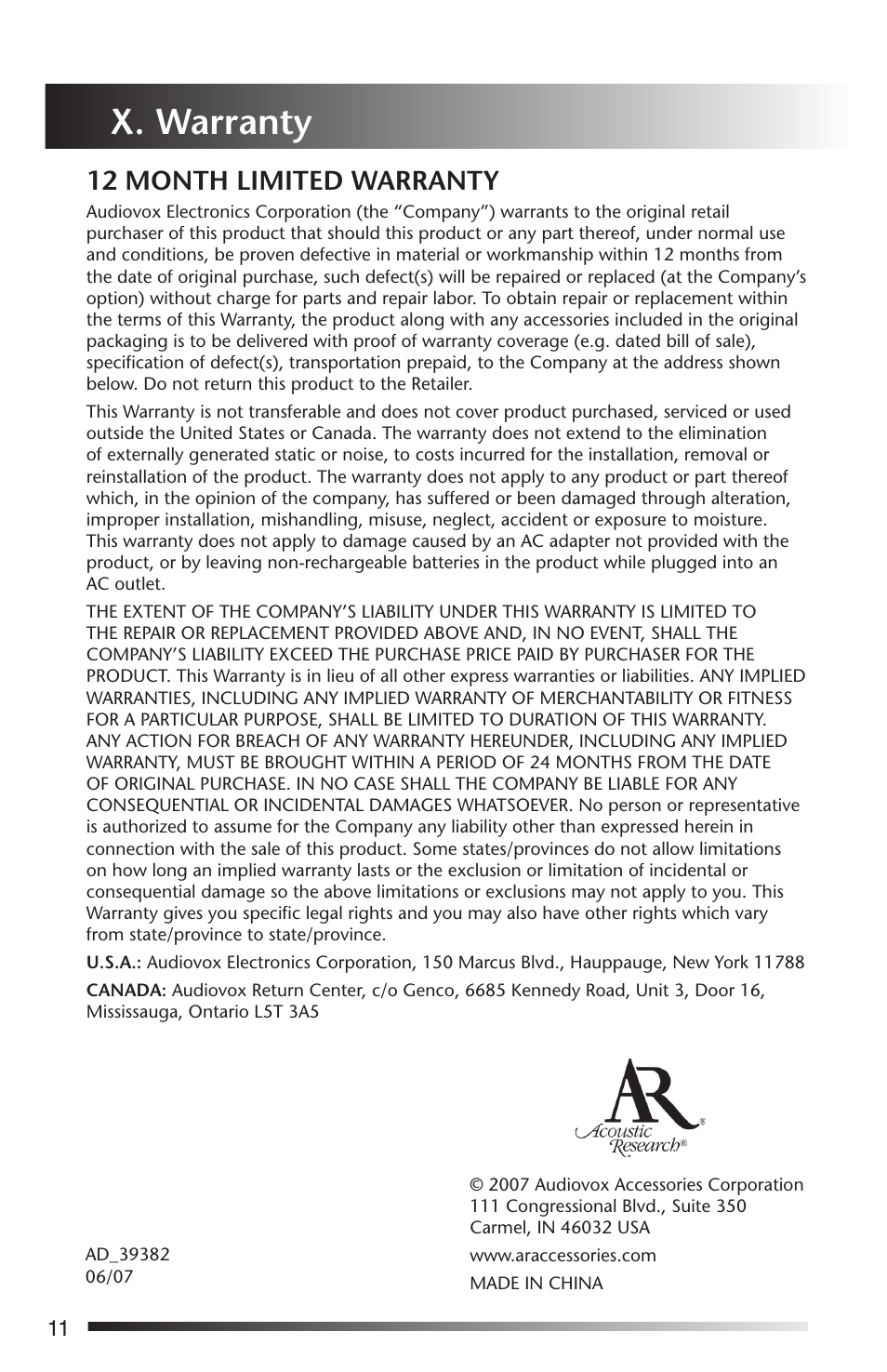 X. warranty | Acoustic Research AW-811 User Manual | Page 12 / 12