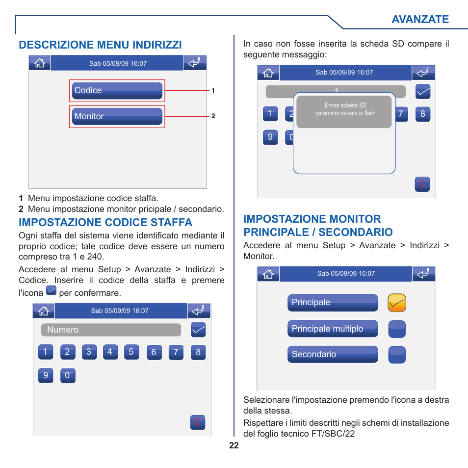 Avanzate, Descrizione menu indirizzi, Impostazione codice staffa | Impostazione monitor principale / secondario | Comelit FT PLANUX MEMOVIDEO User Manual | Page 22 / 96