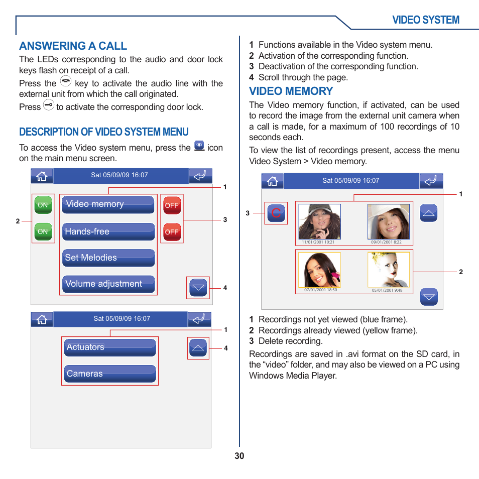 Video system, Description of video system menu, Answering a call | Comelit FT PLANUX MEMOVIDEO User Manual | Page 30 / 96