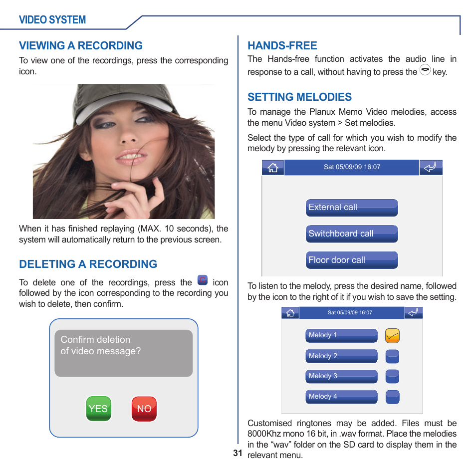Video system, Viewing a recording, Deleting a recording | Hands-free, Setting melodies | Comelit FT PLANUX MEMOVIDEO User Manual | Page 31 / 96