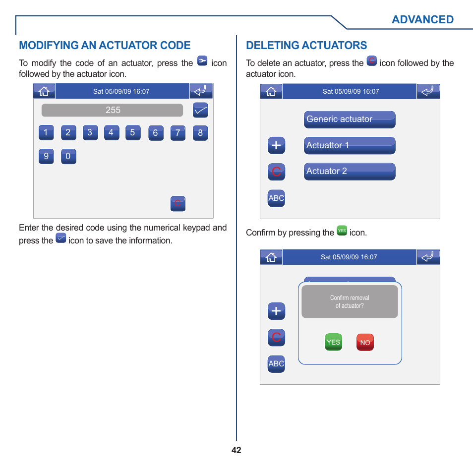 Advanced, Deleting actuators, Modifying an actuator code | Comelit FT PLANUX MEMOVIDEO User Manual | Page 42 / 96