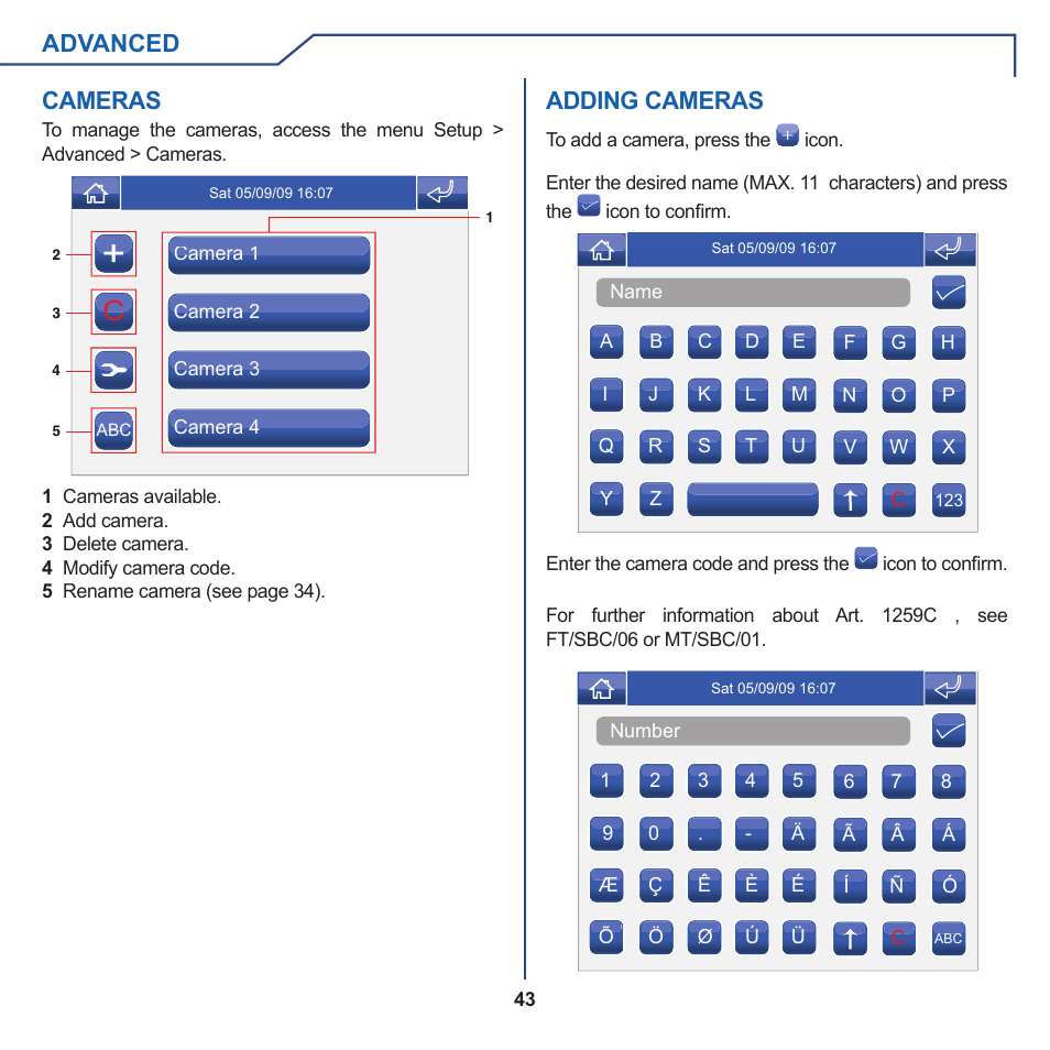 Advanced, Cameras, Adding cameras | Comelit FT PLANUX MEMOVIDEO User Manual | Page 43 / 96