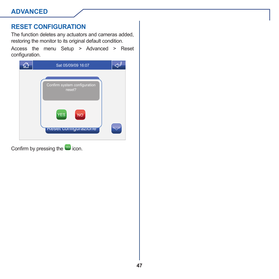 Advanced reset configuration | Comelit FT PLANUX MEMOVIDEO User Manual | Page 47 / 96