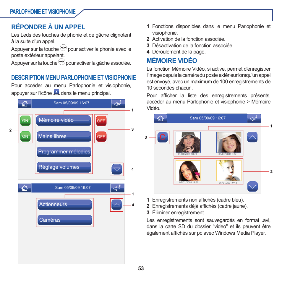 Parlophonie et visiophonie, Description menu parlophonie et visiophonie, Mémoire vidéo | Répondre à un appel | Comelit FT PLANUX MEMOVIDEO User Manual | Page 53 / 96