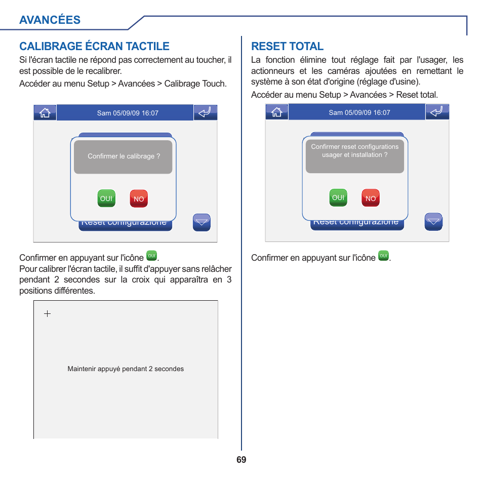 Avancées reset total, Calibrage écran tactile | Comelit FT PLANUX MEMOVIDEO User Manual | Page 69 / 96