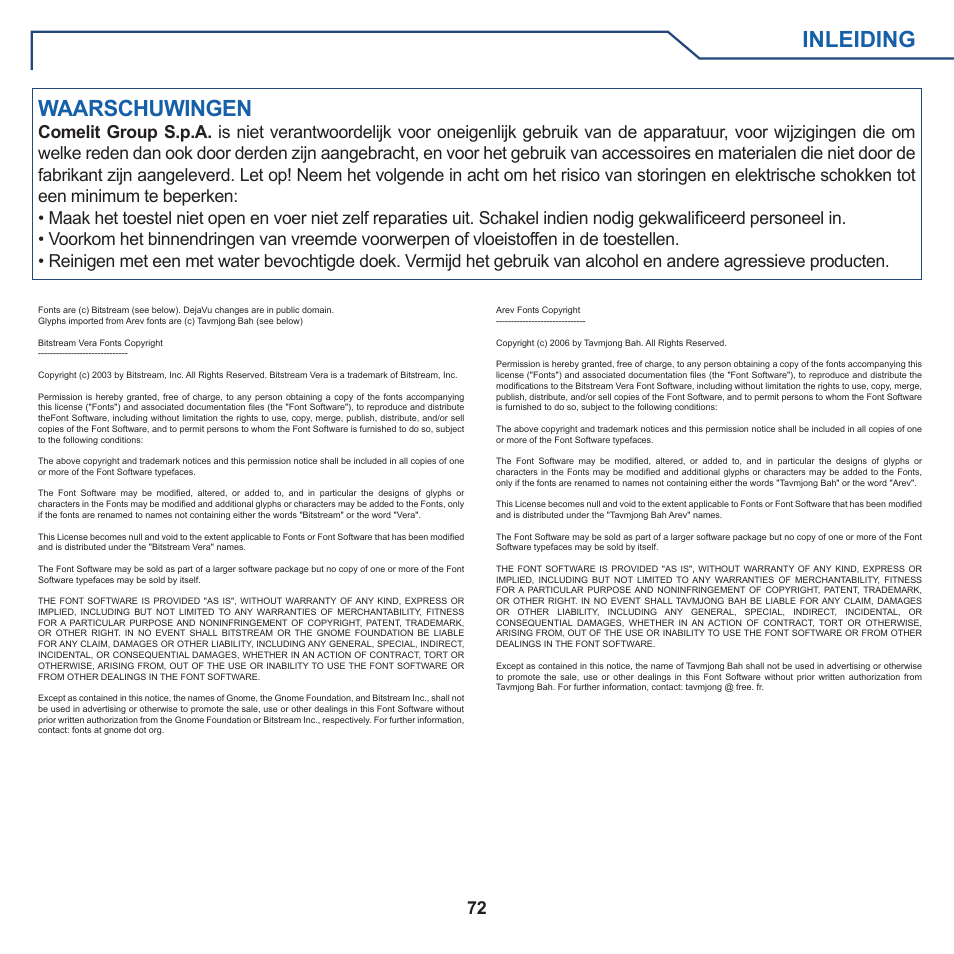 Inleiding, Waarschuwingen | Comelit FT PLANUX MEMOVIDEO User Manual | Page 72 / 96