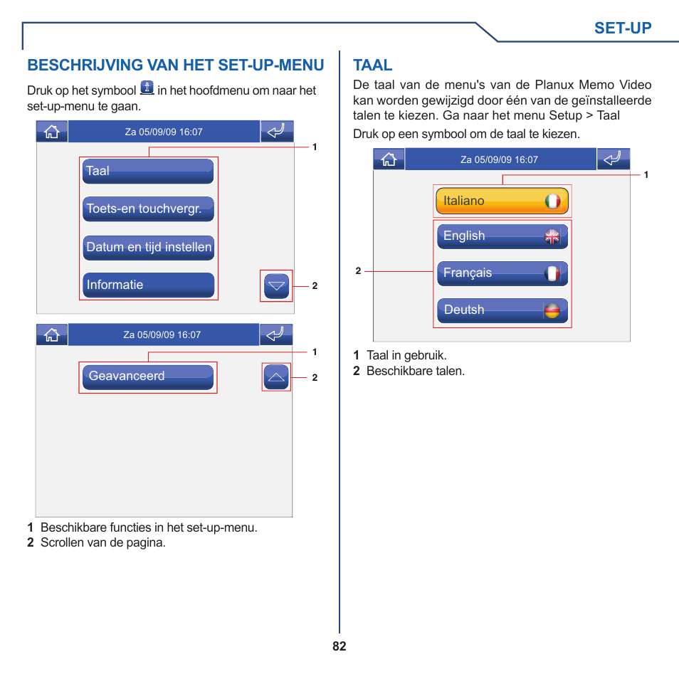 Set-up, Beschrijving van het set-up-menu, Taal | Comelit FT PLANUX MEMOVIDEO User Manual | Page 82 / 96