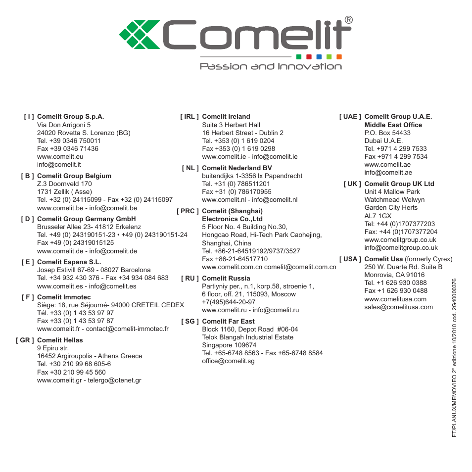 Comelit FT PLANUX MEMOVIDEO User Manual | Page 96 / 96