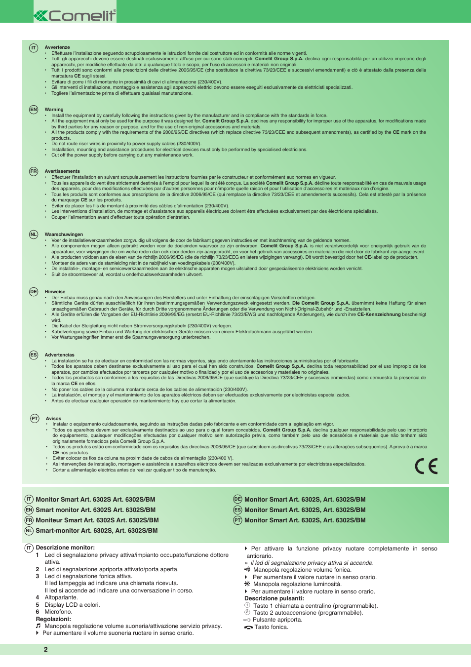 Comelit MT 6302S - 6302S BM User Manual | Page 2 / 20