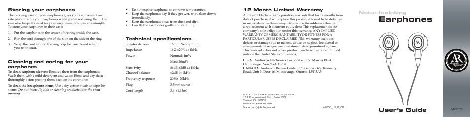 Earphones, User’s guide, Noise-isolating | Storing your earphones, Cleaning and caring for your earphones, Technical specifications, 12 month limited warranty | Acoustic Research ARE05 User Manual | Page 2 / 2