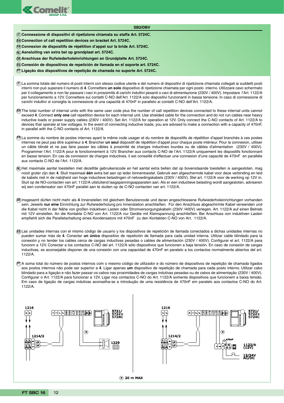Ft sbc 16 12, Sb2/dbv, Aansluiting van extra bel op grondplaat art. 5724c | Comelit FT SBC 16 User Manual | Page 12 / 16
