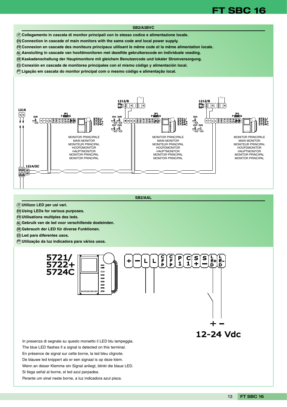 Ft sbc 16, S+ s, P 1 c 1 | Ft sbc 16 13, Sb2/a3bvc, De l, Le d, Utilizzo led per usi vari, Using leds for various purposes, Utilisations multiples des leds | Comelit FT SBC 16 User Manual | Page 13 / 16