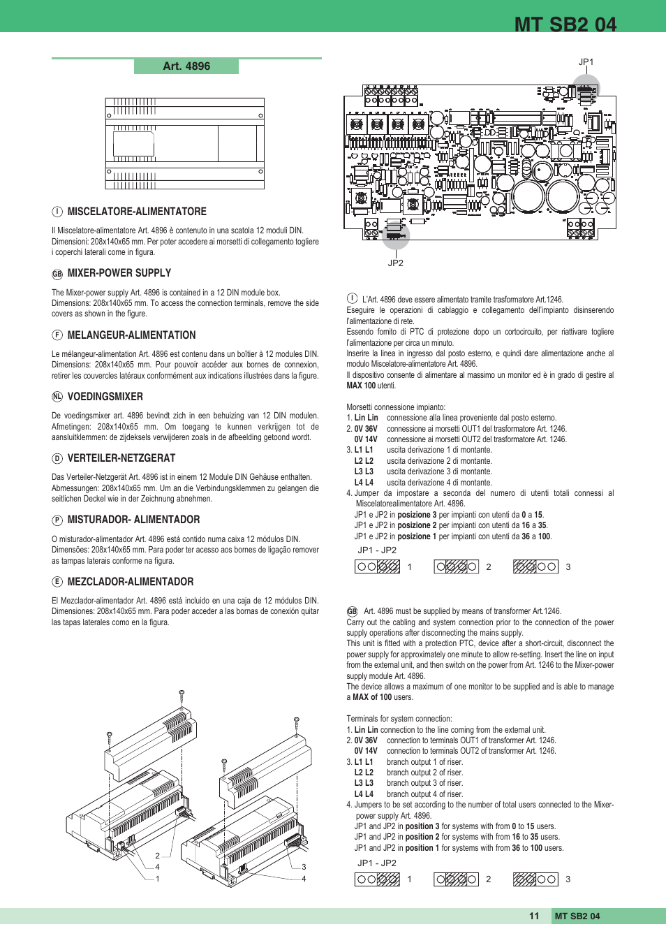 Mt sb2 04, Miscelatore-alimentatore, Mixer-power supply | Melangeur-alimentation, Voedingsmixer, Verteiler-netzgerat, Misturador- alimentador, Mezclador-alimentador, Art. 4896 | Comelit MT SB2 04 User Manual | Page 11 / 36