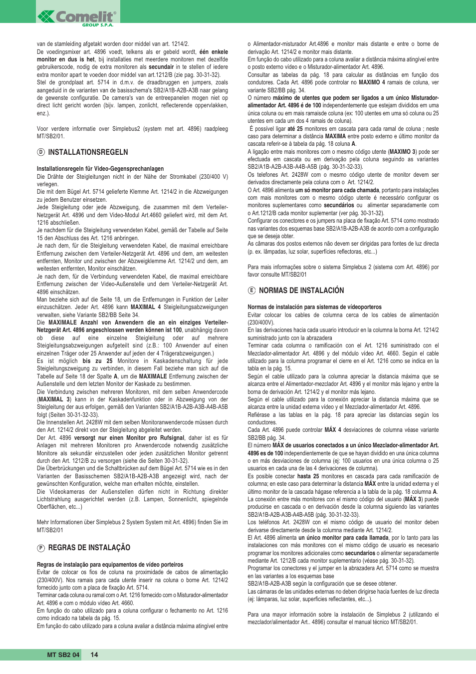 Installationsregeln, Regras de instalação, Normas de instalación | Comelit MT SB2 04 User Manual | Page 14 / 36