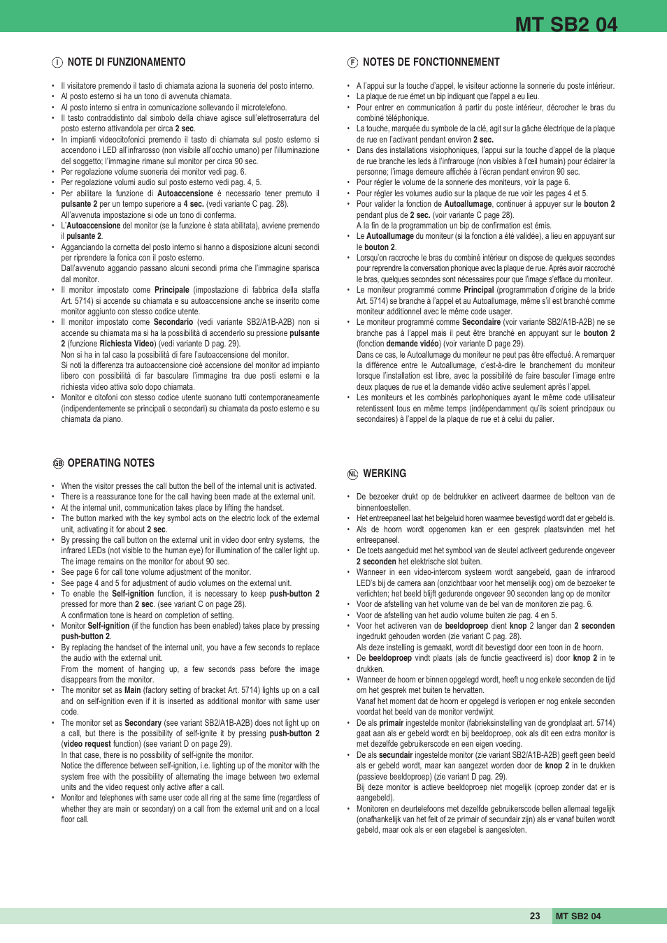 Mt sb2 04, Werking | Comelit MT SB2 04 User Manual | Page 23 / 36