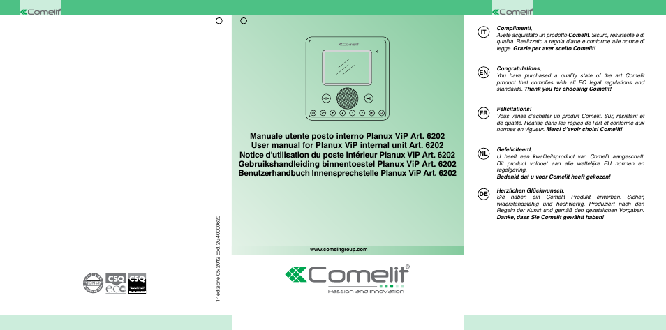 Manuale utente posto interno planux vip art. 6202, User manual for planux vip internal unit art. 6202 | Comelit MU 6202 User Manual | Page 2 / 58