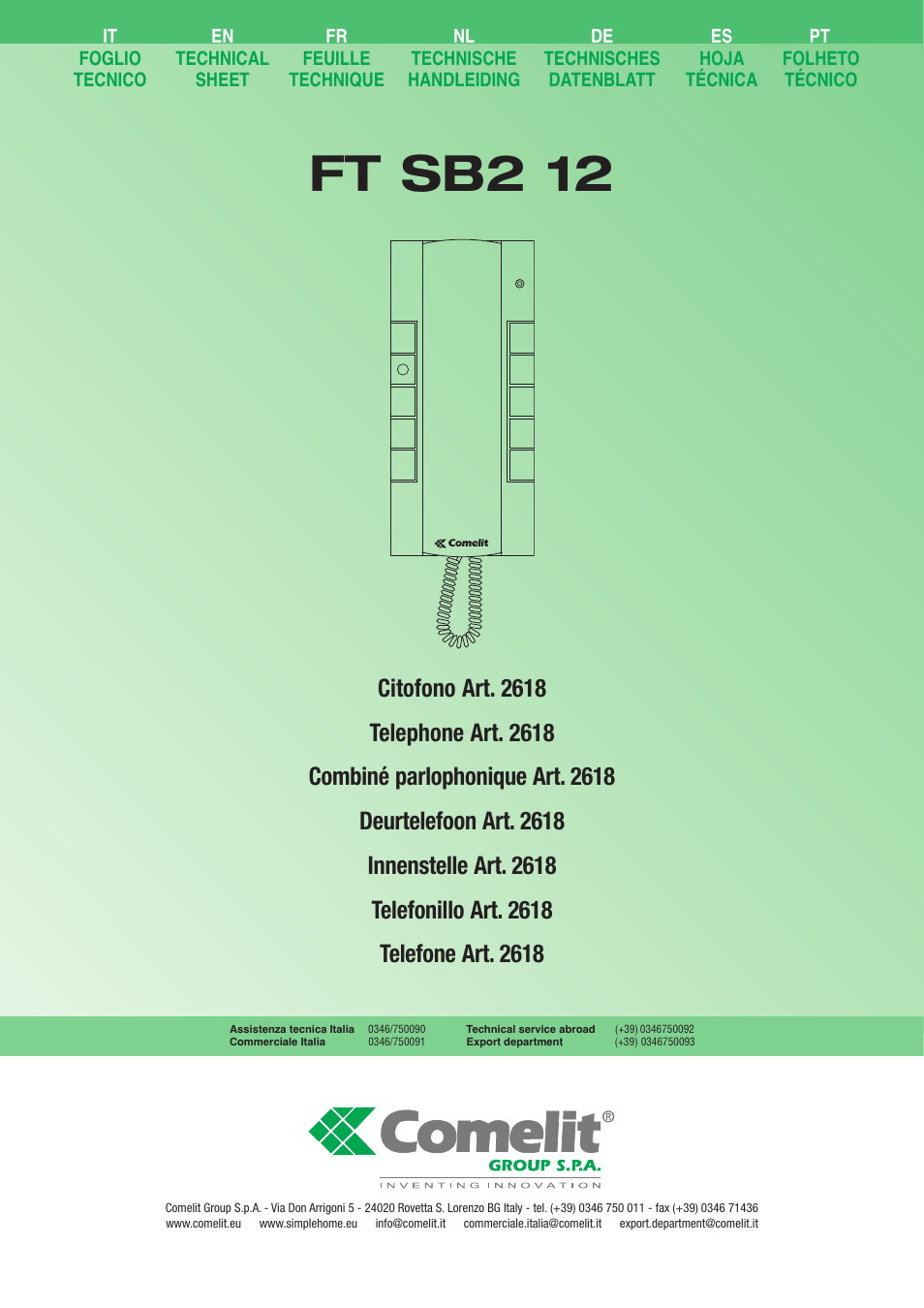 Comelit FT SB2 12 User Manual | 12 pages