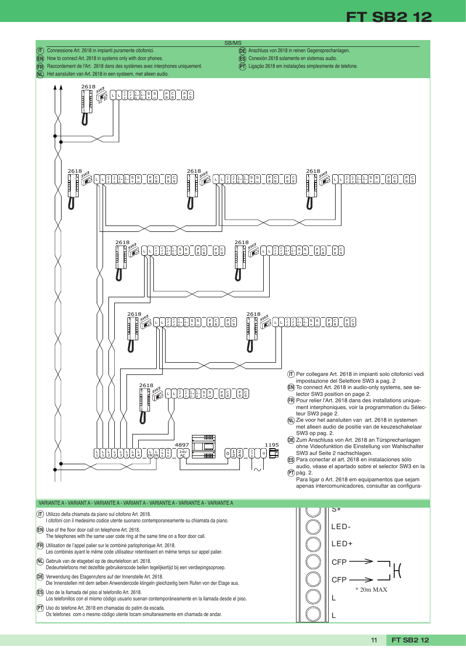 Ft sb2 12, S+ cfp cfp l l, Led+ led | 20m max | Comelit FT SB2 12 User Manual | Page 11 / 12