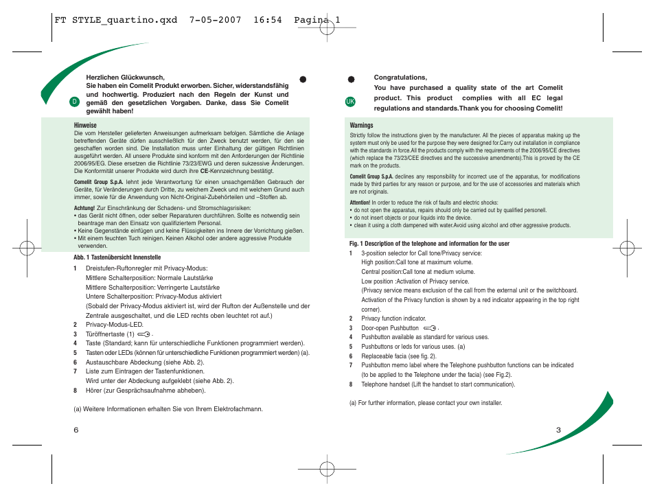 Ft style 01_quartino | Comelit FT STYLE 01 User Manual | Page 3 / 4