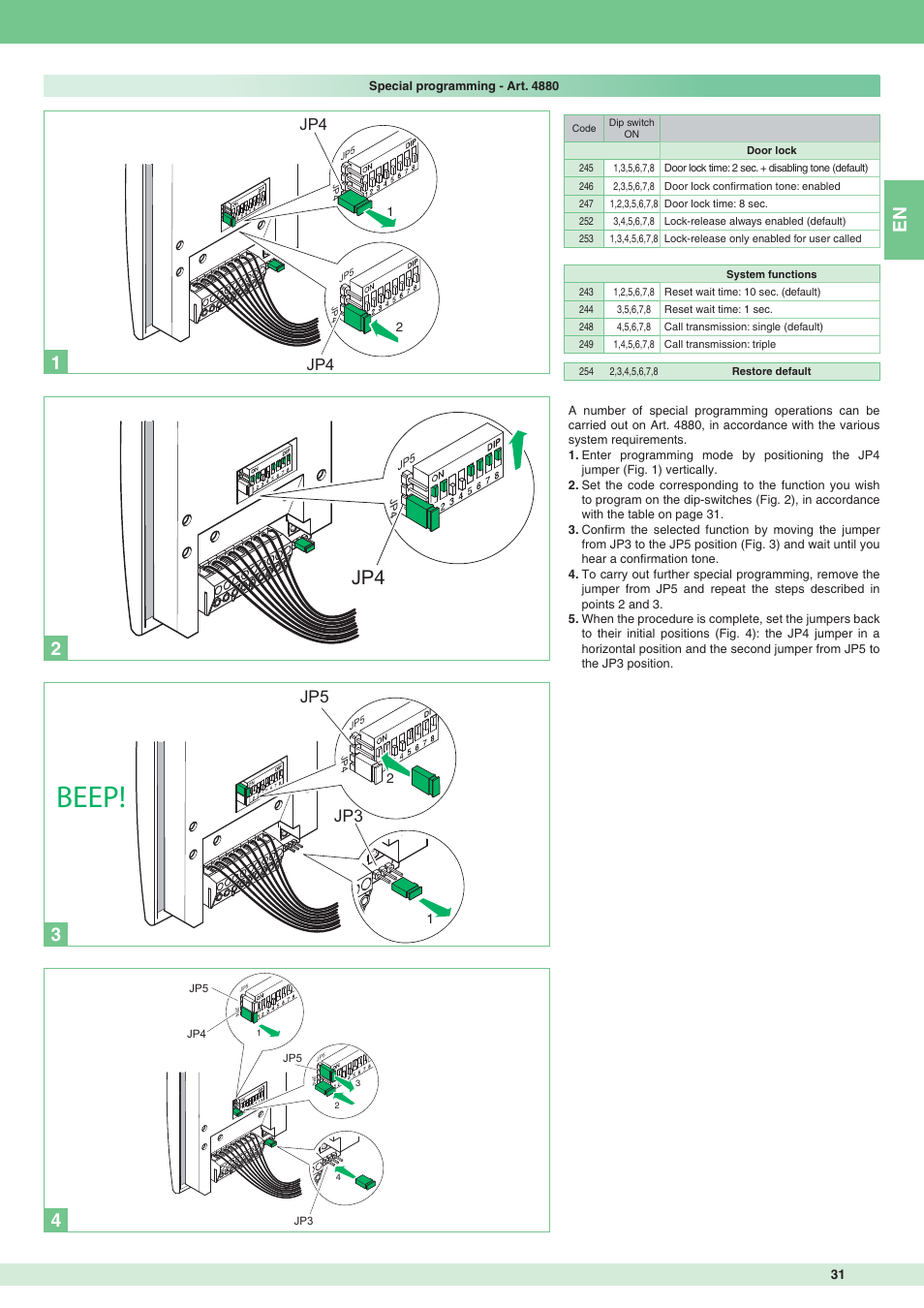 Beep, Jp3 jp5 | Comelit MT 8471MB User Manual | Page 31 / 120