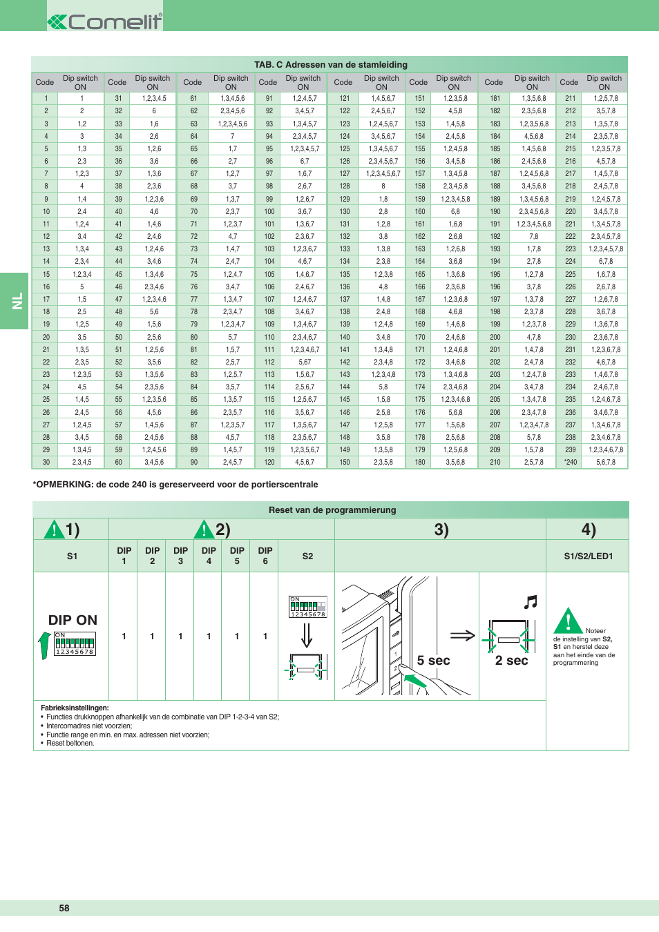 5 sec, Dip on 2 sec | Comelit MT 8471MB User Manual | Page 58 / 120