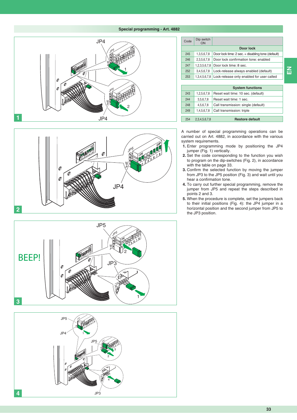 Beep, Jp3 jp5 | Comelit MT 8471MC User Manual | Page 33 / 128