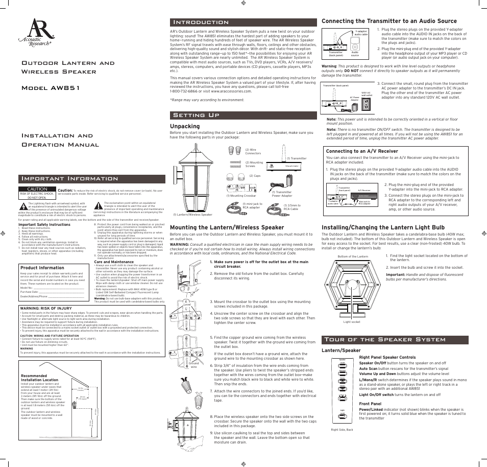 Acoustic Research AW851 User Manual | 2 pages