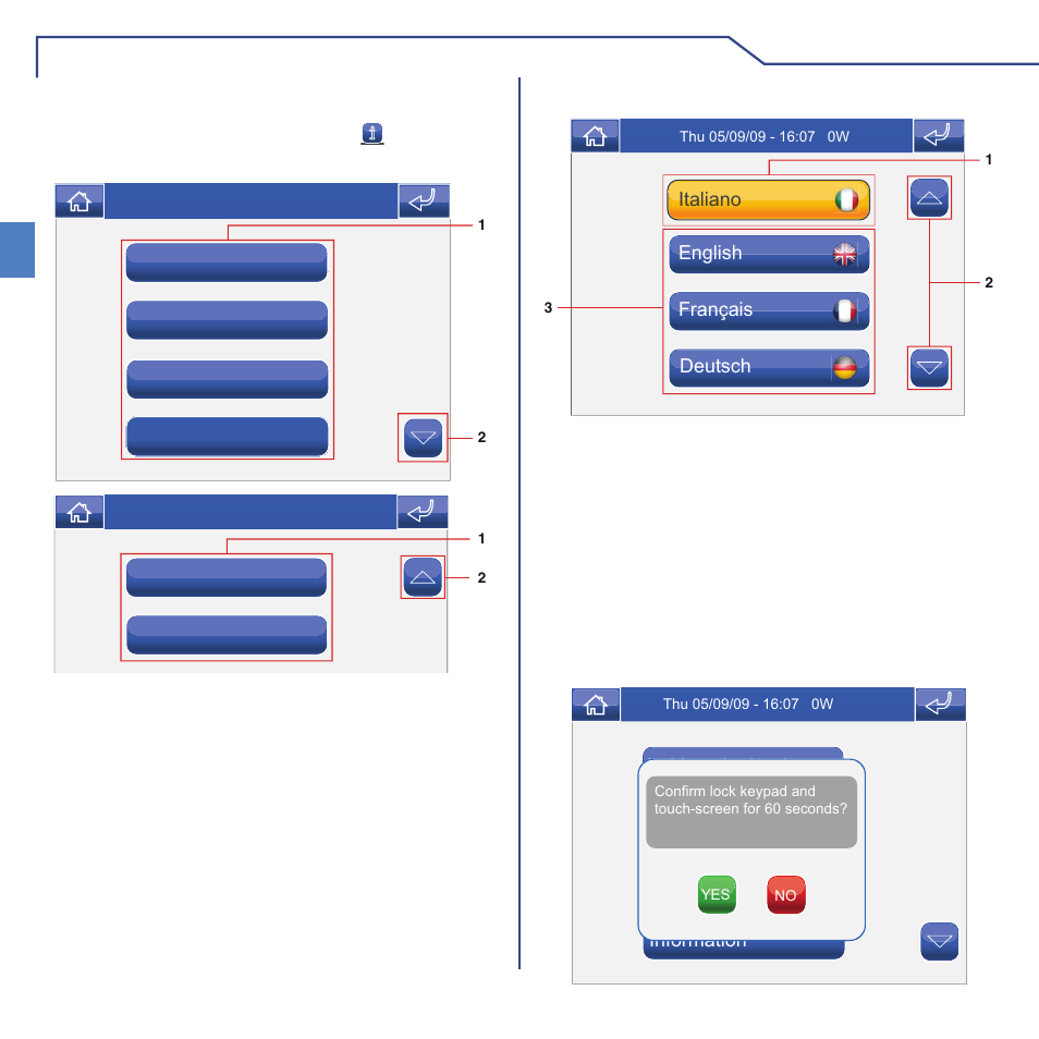 Setup, Setup menu description, Language | Locking the keypad and touch-screen | Comelit MT 6101BM User Manual | Page 38 / 104