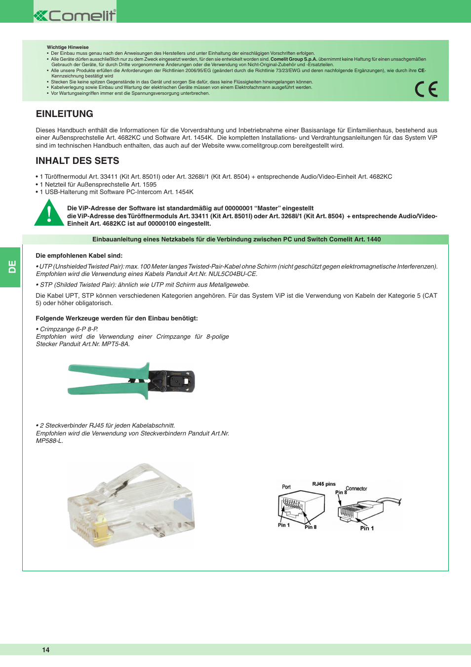 Einleitung, Inhalt des sets | Comelit MT 8504 User Manual | Page 14 / 40