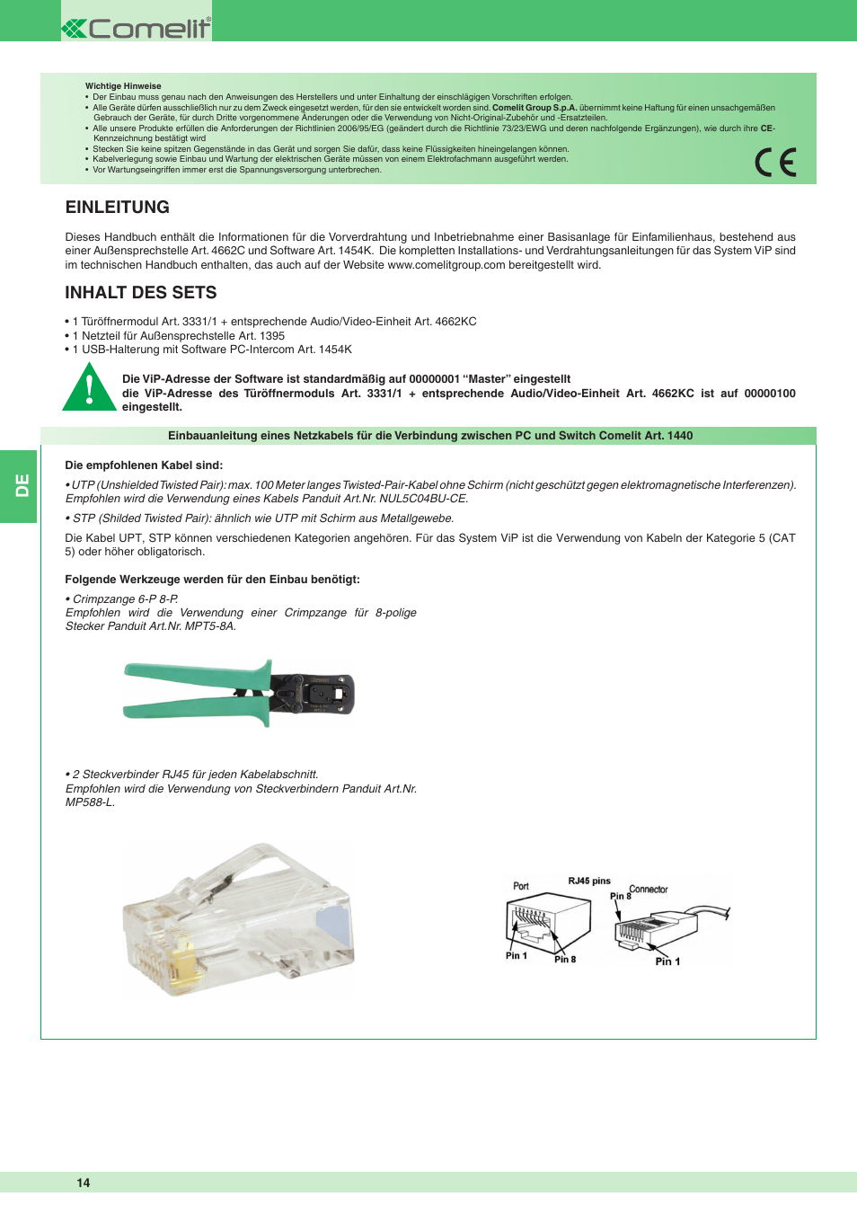Einleitung, Inhalt des sets | Comelit MT KIT 8501 User Manual | Page 14 / 36
