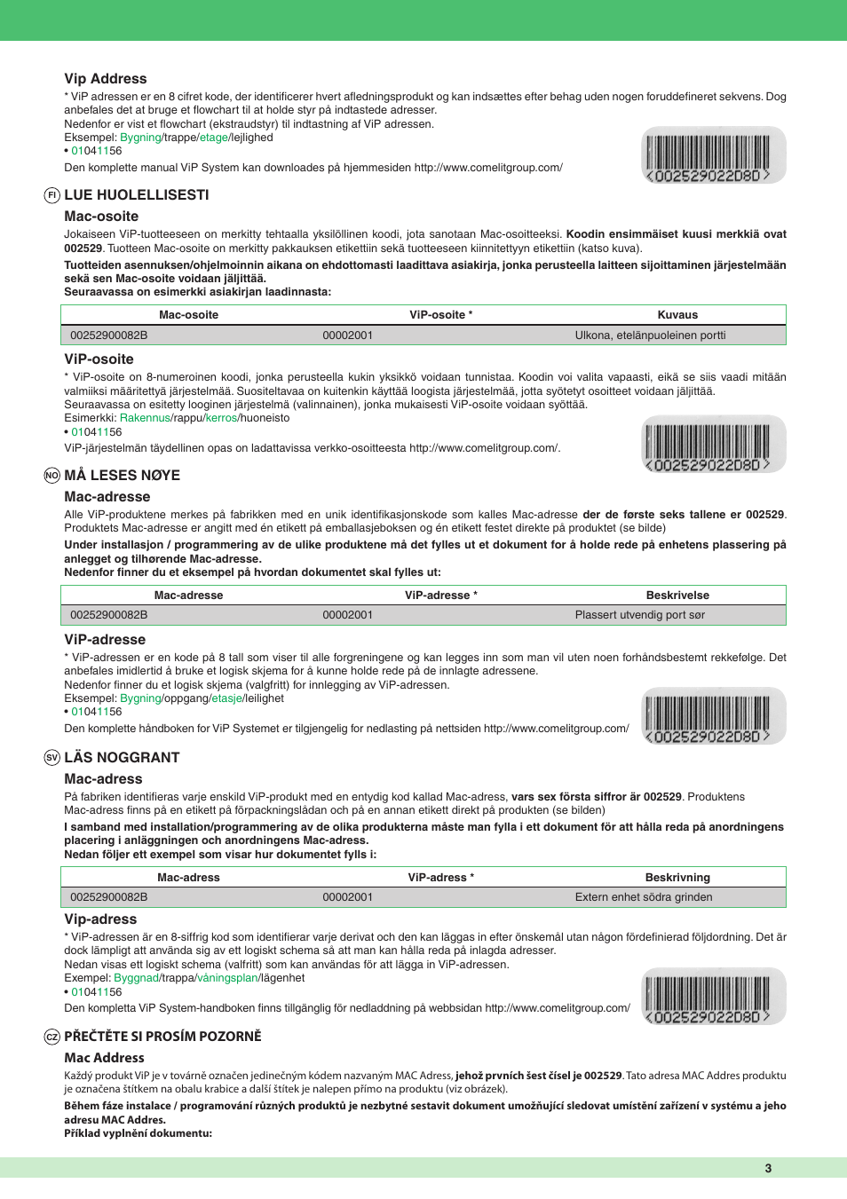 Vip address, Mac-osoite, Vip-osoite | Lue huolellisesti, Mac-adresse, Vip-adresse, Må leses nøye, Mac-adress, Läs noggrant, Vip-adress | Comelit AVV Mac Address User Manual | Page 3 / 4