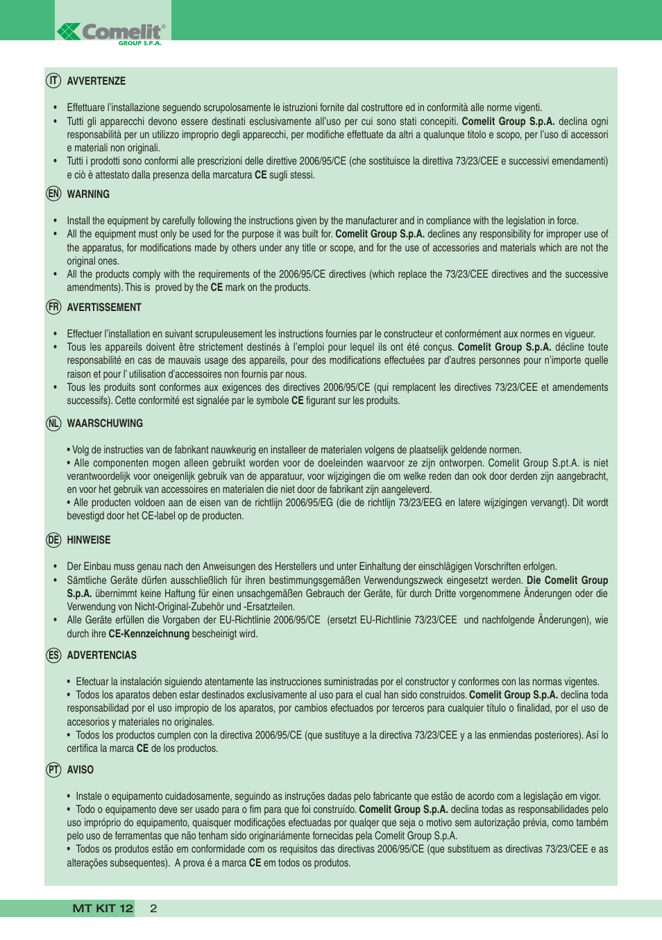 Comelit MT KIT 12 User Manual | Page 2 / 100