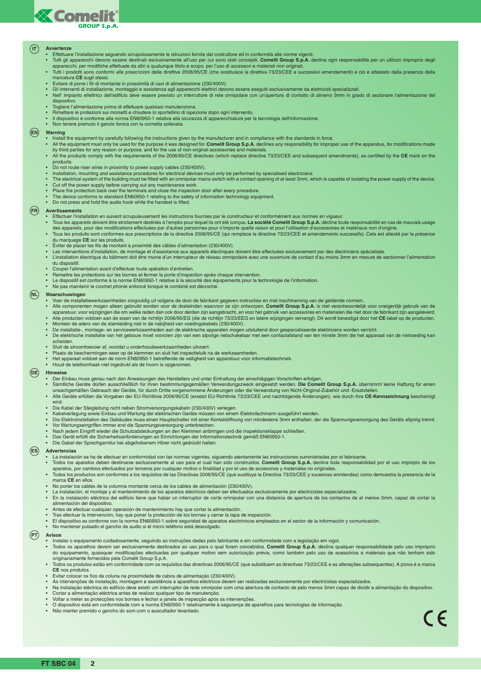 Ft sbc 04 2 | Comelit FT SBC 04 User Manual | Page 2 / 44