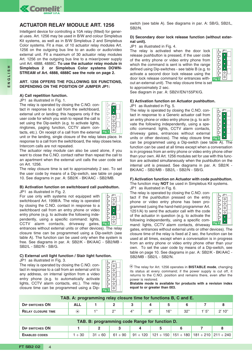 Actuator relay module art. 1256 | Comelit FT SB2 02 User Manual | Page 4 / 16